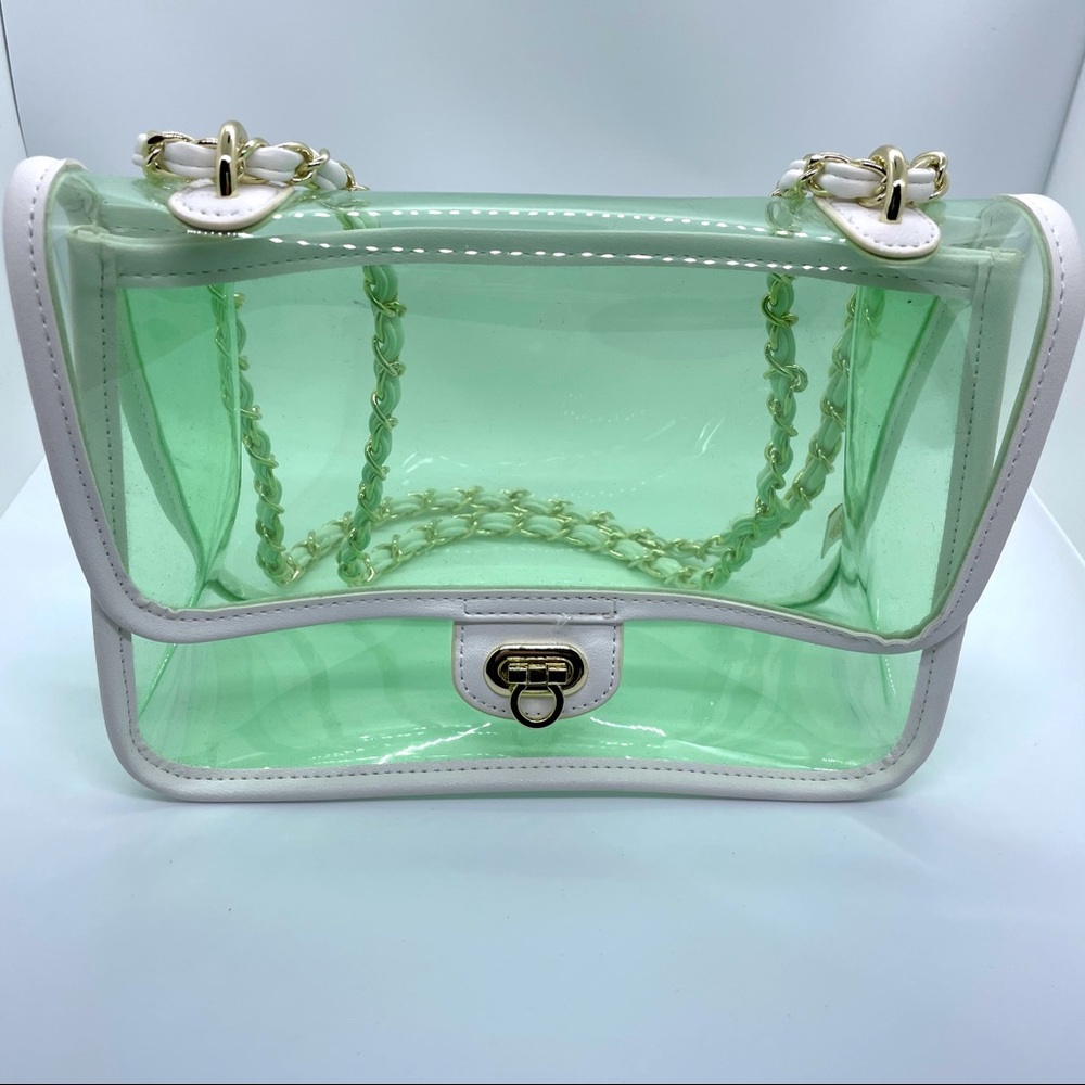 Clear transparent green neon Handbag w Gold chain